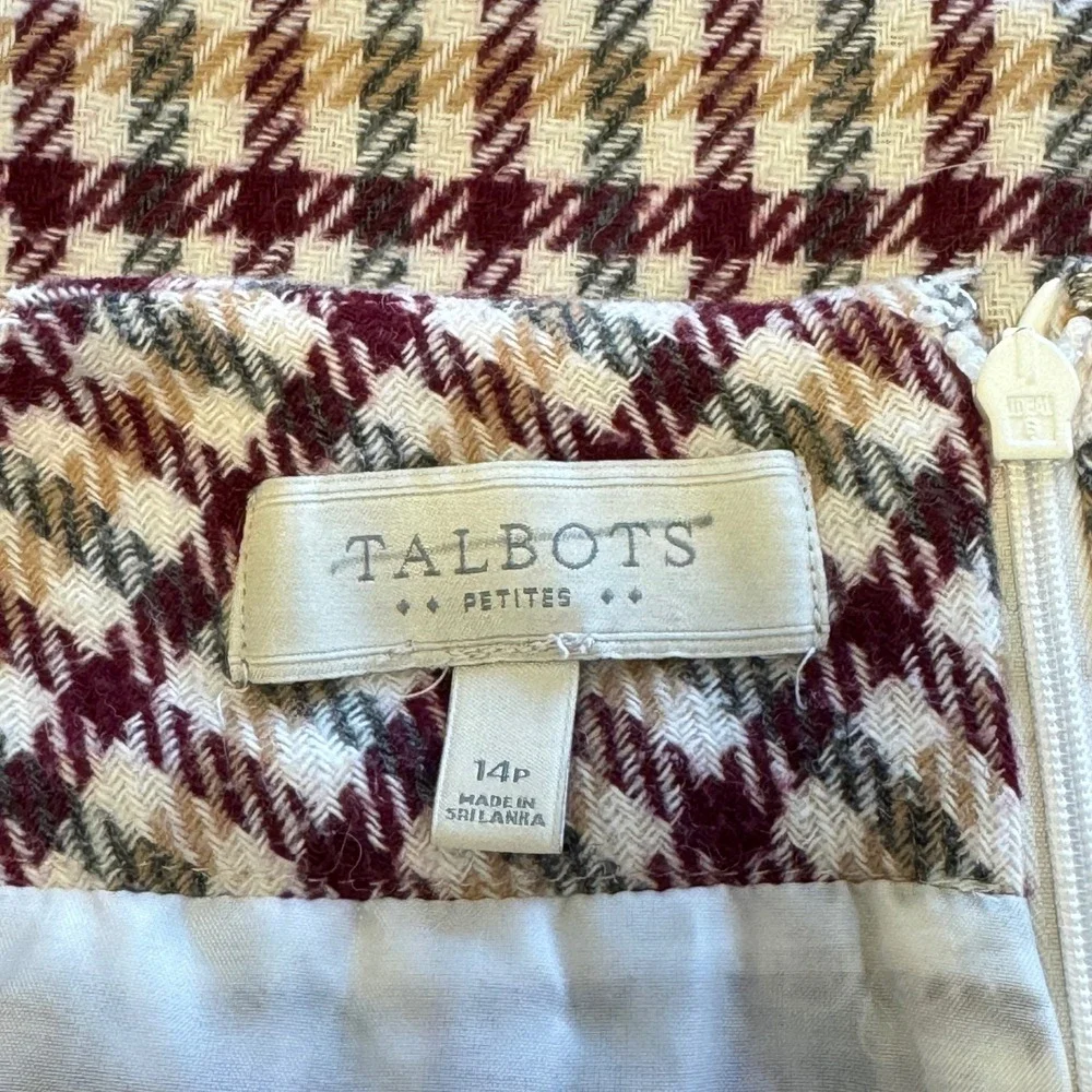 Talbots Petites Burgundy Plaid Wool Blend Pencil Skirt 14P Houndstooth‎ Classic